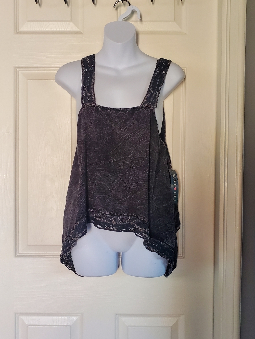 Basil Lola‎ Acid-wash Bohemian Tank Top Gray Lace Trim Oversized Crop Preppy Med